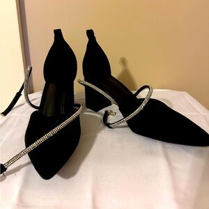 New faux saude heels with crossover straps rhinestone